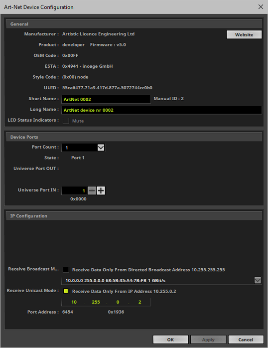Art-Net Device Configuration Art-Net Device Configuration